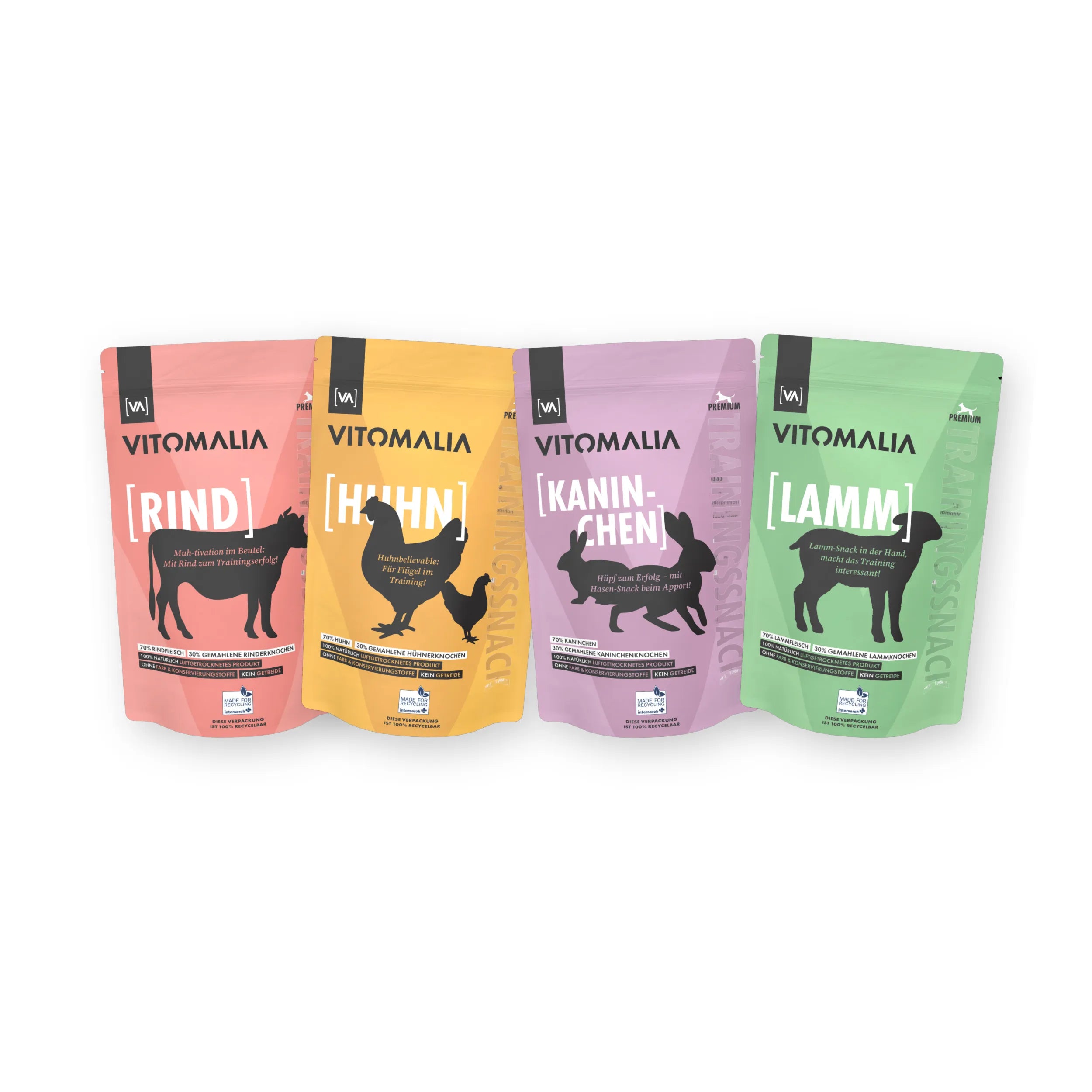 4er Trainingssnacks Bundle: Rind, Huhn, Kaninchen & Lamm – Gesamtgewicht 2kg (4x500g) - Vitomalia - Trainingssnacks