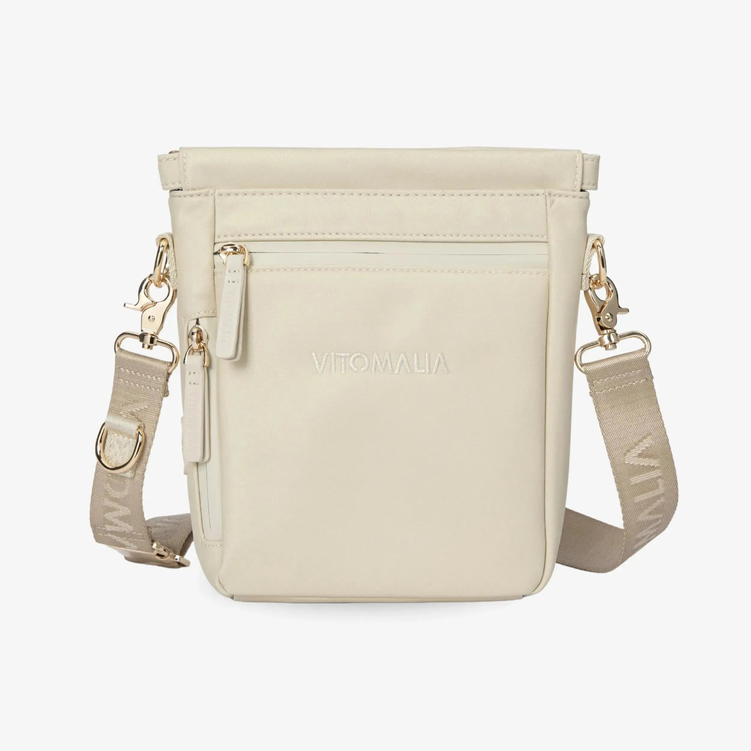 Multifunktionale Gassitasche für Hundebesitzer als Umhängetasche in Beige: Waschbare Leckerlifächer, Kotbeutelspender & Leinenbefestigung - Vitomalia - Gassitasche
