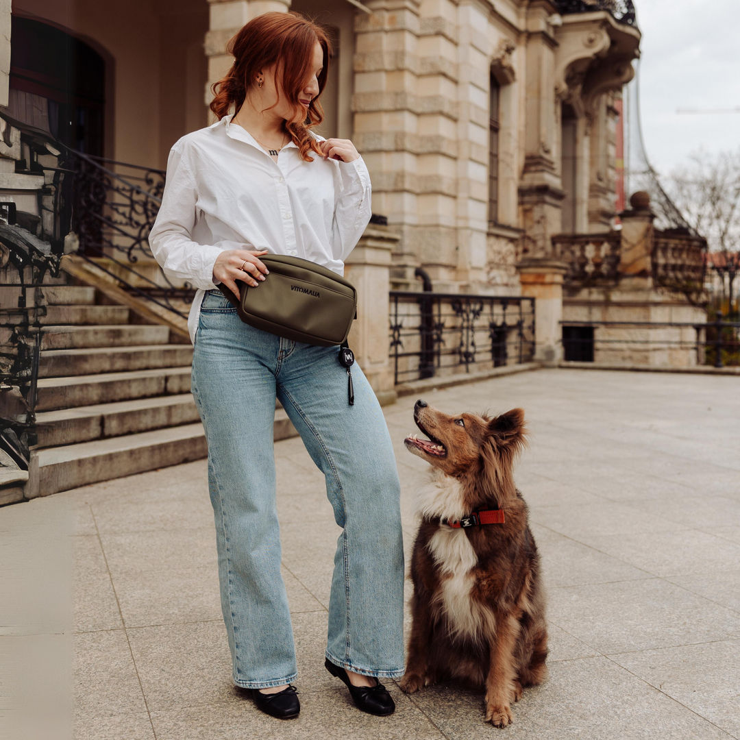 Multifunktionale Khaki Gassitasche für Hundebesitzer als Bauchtasche in Khaki: Mit herausnehmbaren Leckerlifächern, Kotbeutelspender und Wasserflaschenhalter - Vitomalia - Gassitasche