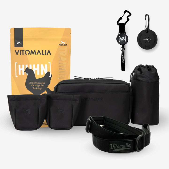 Bundle - Gassi-Komplett-Set-Schwarz-Huhn  – Mit praktischer Bauchtasche