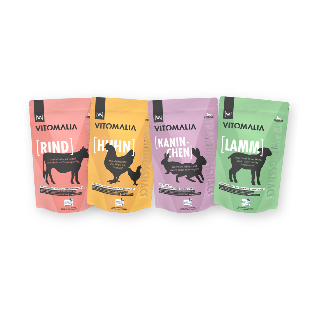 4er Trainingssnacks Bundle: Rind, Huhn, Kaninchen & Lamm – Gesamtgewicht 2kg (4x500g) - Vitomalia - Trainingssnacks