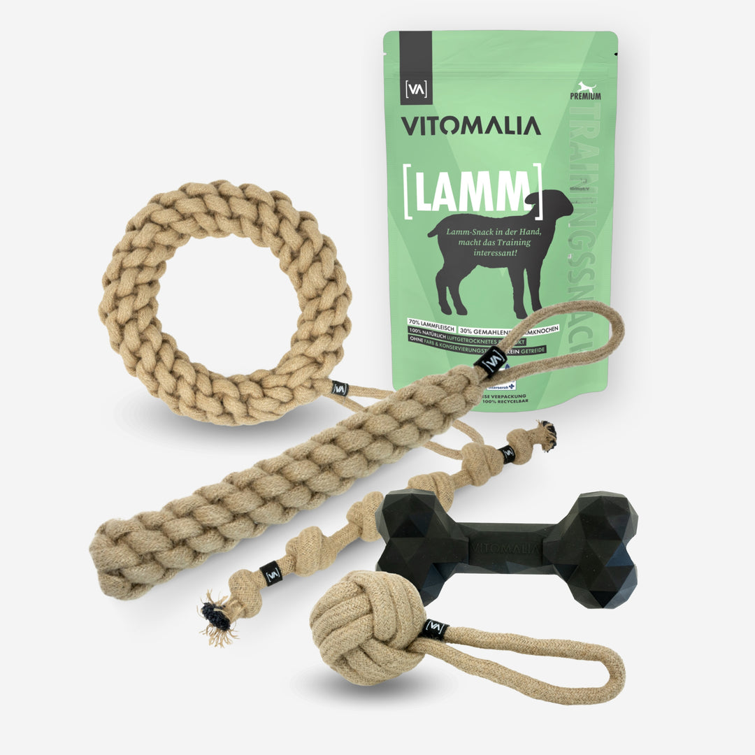 Bundle Natural Hemp Tug & Retrieve Toy + Extreme Bone & Snacks de entrenamiento Cordero - L