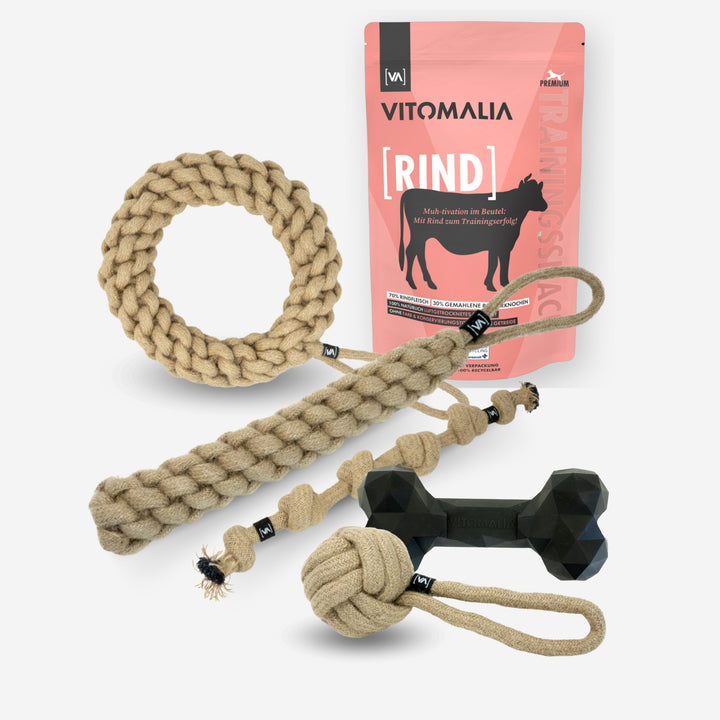 Bundle Natural Hemp Tug & Retrieve Toy + Extreme Bone & Snacks de entrenamiento Beef - M